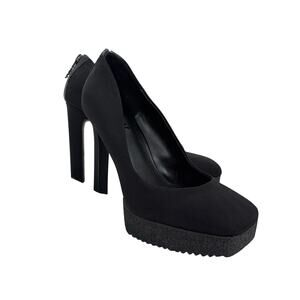 DKNY Zayne Black Textile Platform Pumps Heels Size 6M Square Toe Zipper Chunky